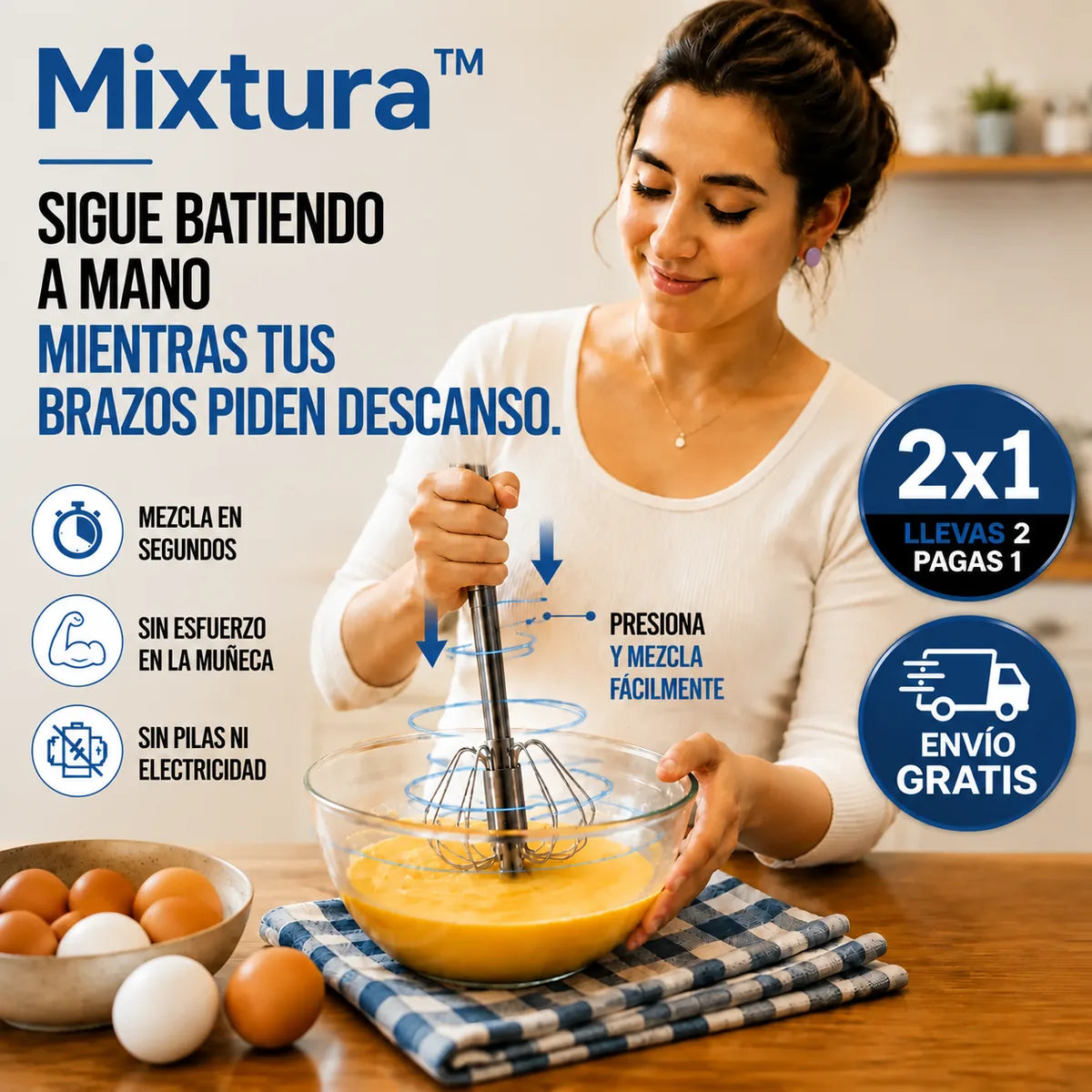 Mixture ™  2x1- Batidor Semiautomático; Mezcla más fácil, sin terminar agotada.