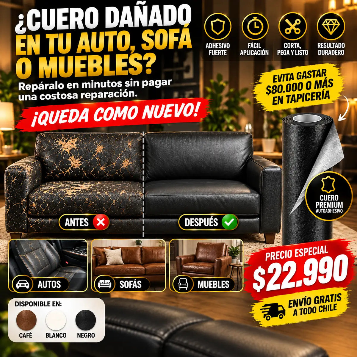 ReparaFácil ™ Cuero Autoadhesivo | Repara cuero dañado de autos, sofás y muebles