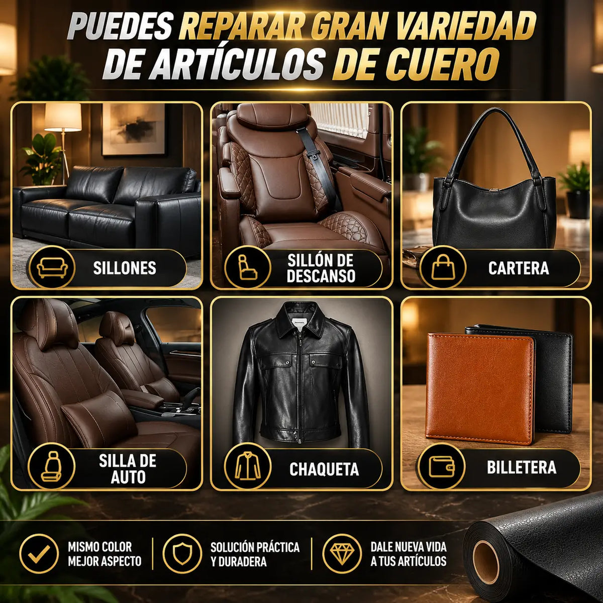 ReparaFácil ™ Cuero Autoadhesivo | Repara cuero dañado de autos, sofás y muebles
